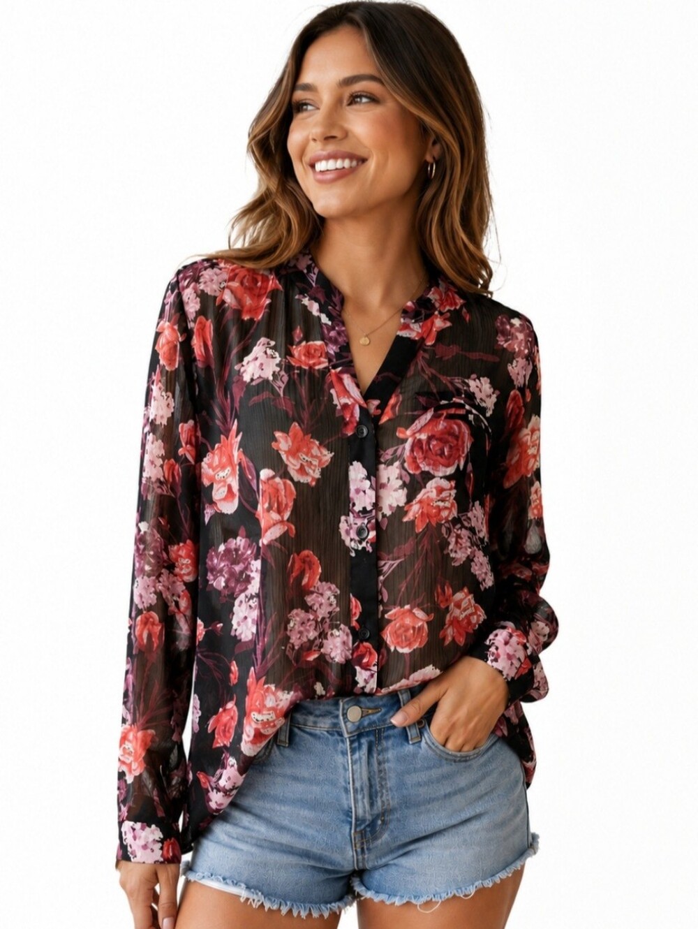 Kut From The Kloth Floral Sheer Blouse Women's Large Button Front Long Sleeve - Picture 1 of 11